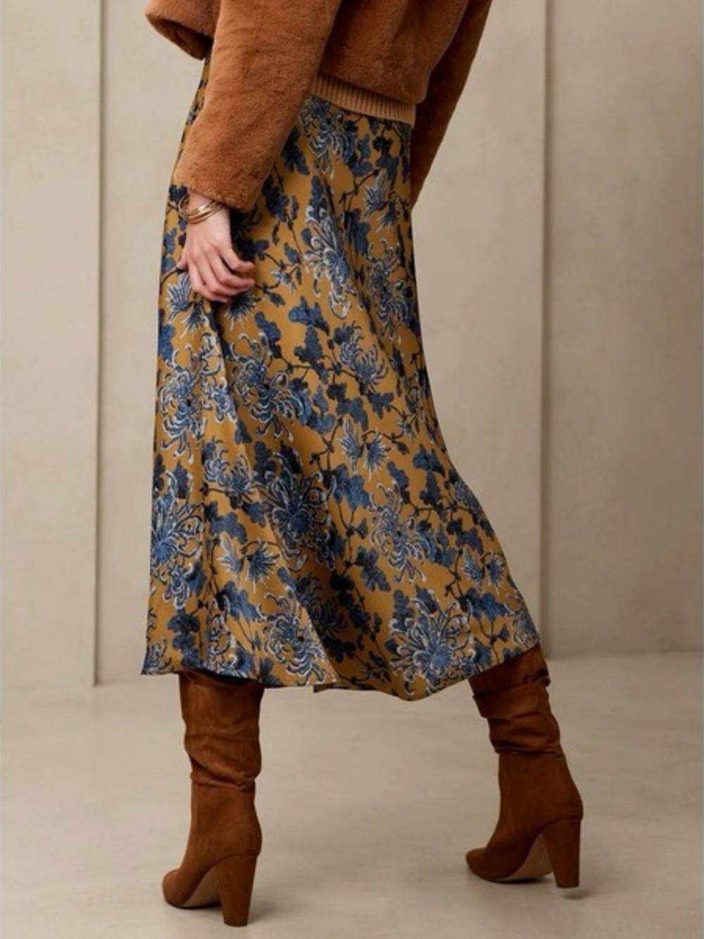 Banana Republic Mustard Midi Skirt with Blue Floral Print